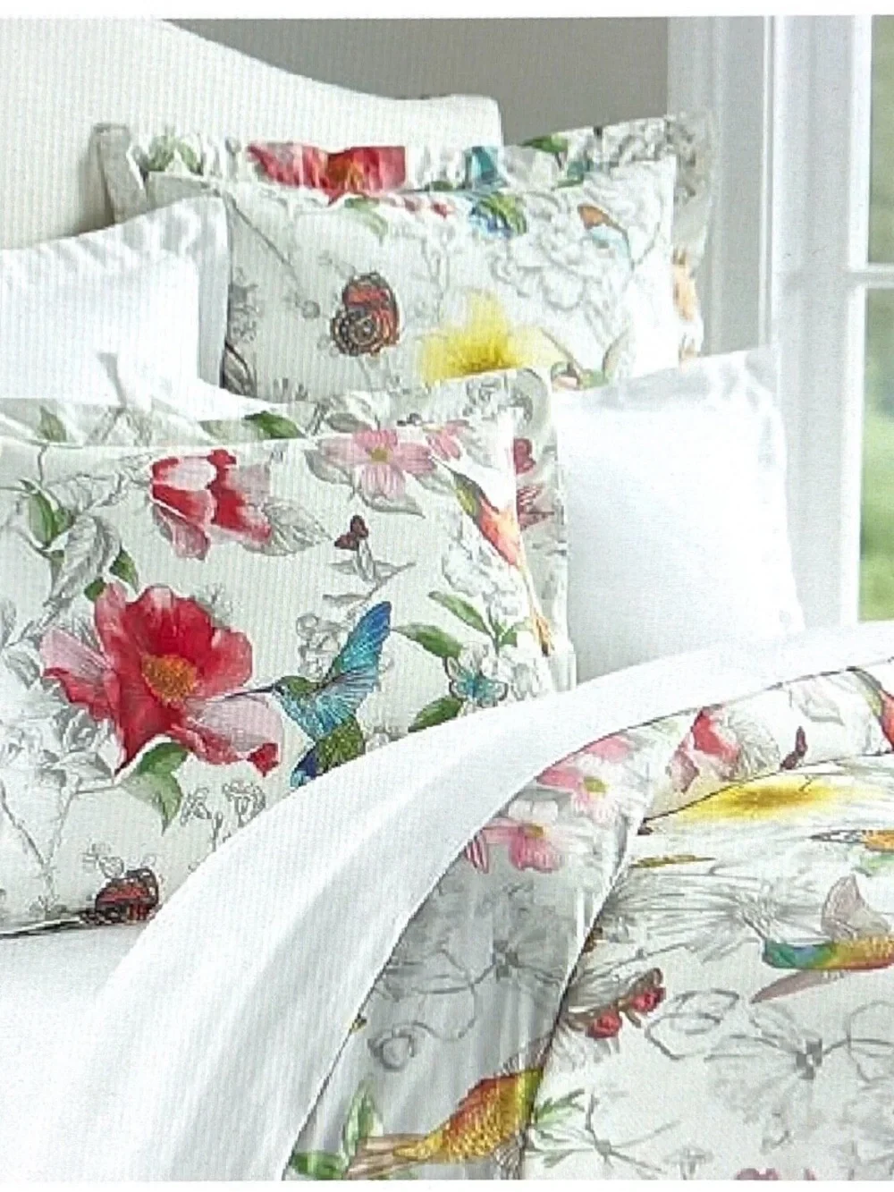 Pottery Barn Off-White Duvet Cover with Multicolor Floral & Hummingbird Print